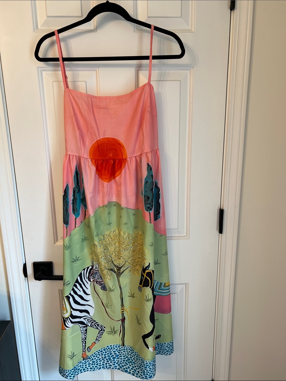 Pink & Green Printed Sleeveless Midi Dress with Sunset Motif